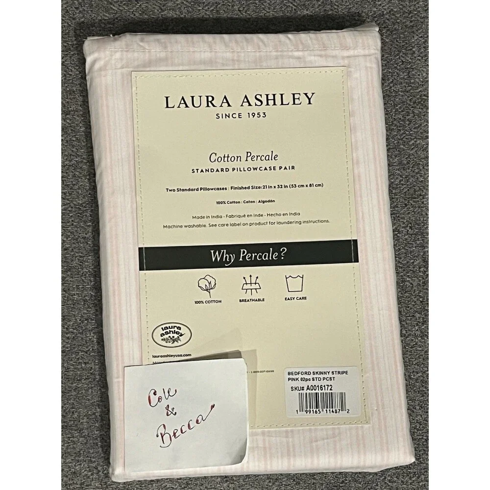 Laura Ashley Bedford Skinny Stripe Pink PILLOWCASE Pair Cotton Percale Standard